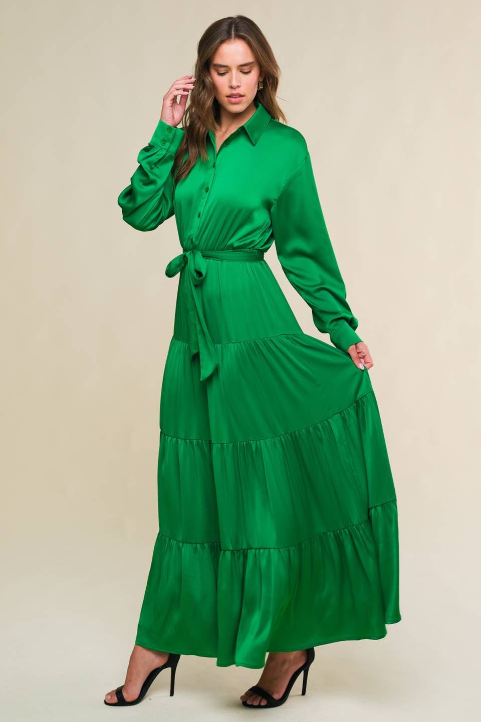 Collection of Kelly Green Long Sleeve Maxi Dress in a gallery layout