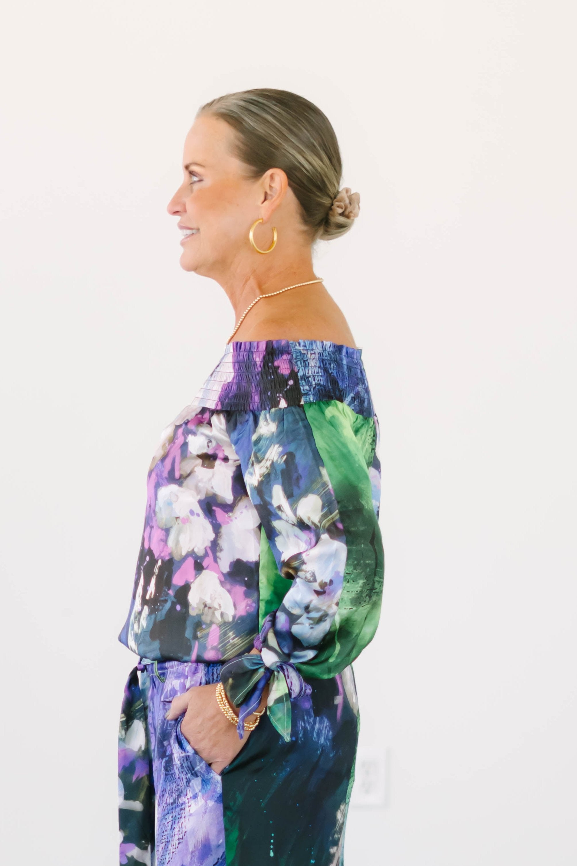 Collection of Charmeuse Floral Off Shoulder Top in a gallery layout