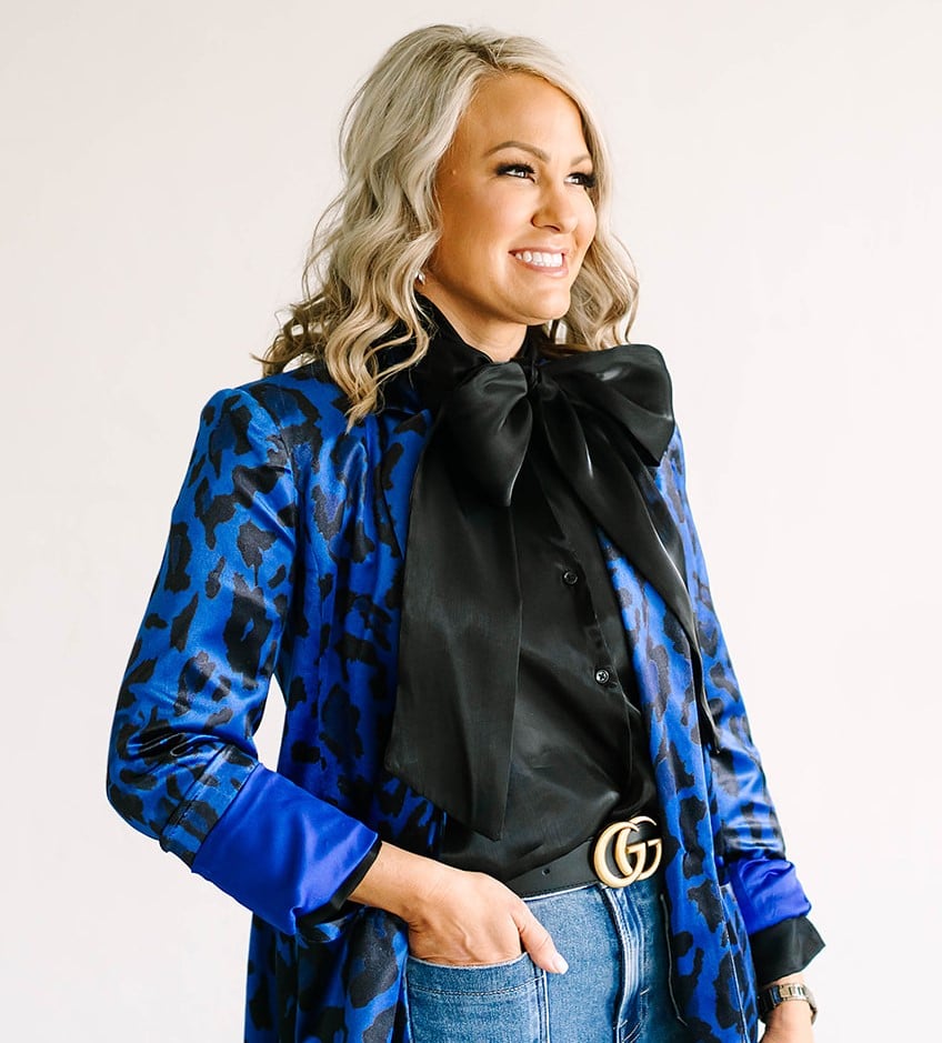 Collection of Cobalt Animal Print Velvet Blazer in a gallery layout