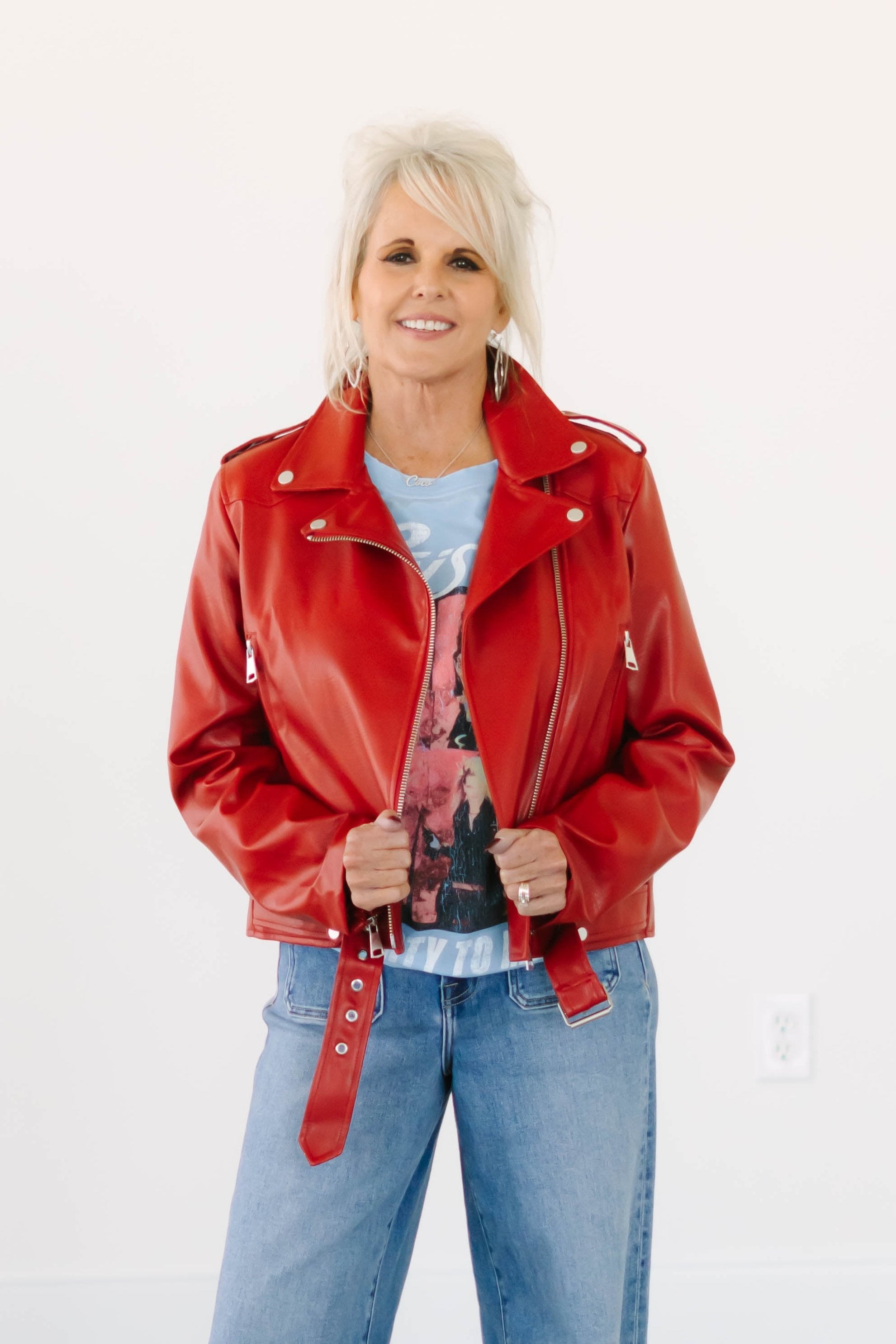 Collection of Red Leather Moto Jacket in a gallery layout