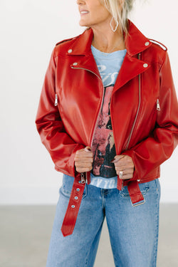 Collection of Red Leather Moto Jacket in a gallery layout