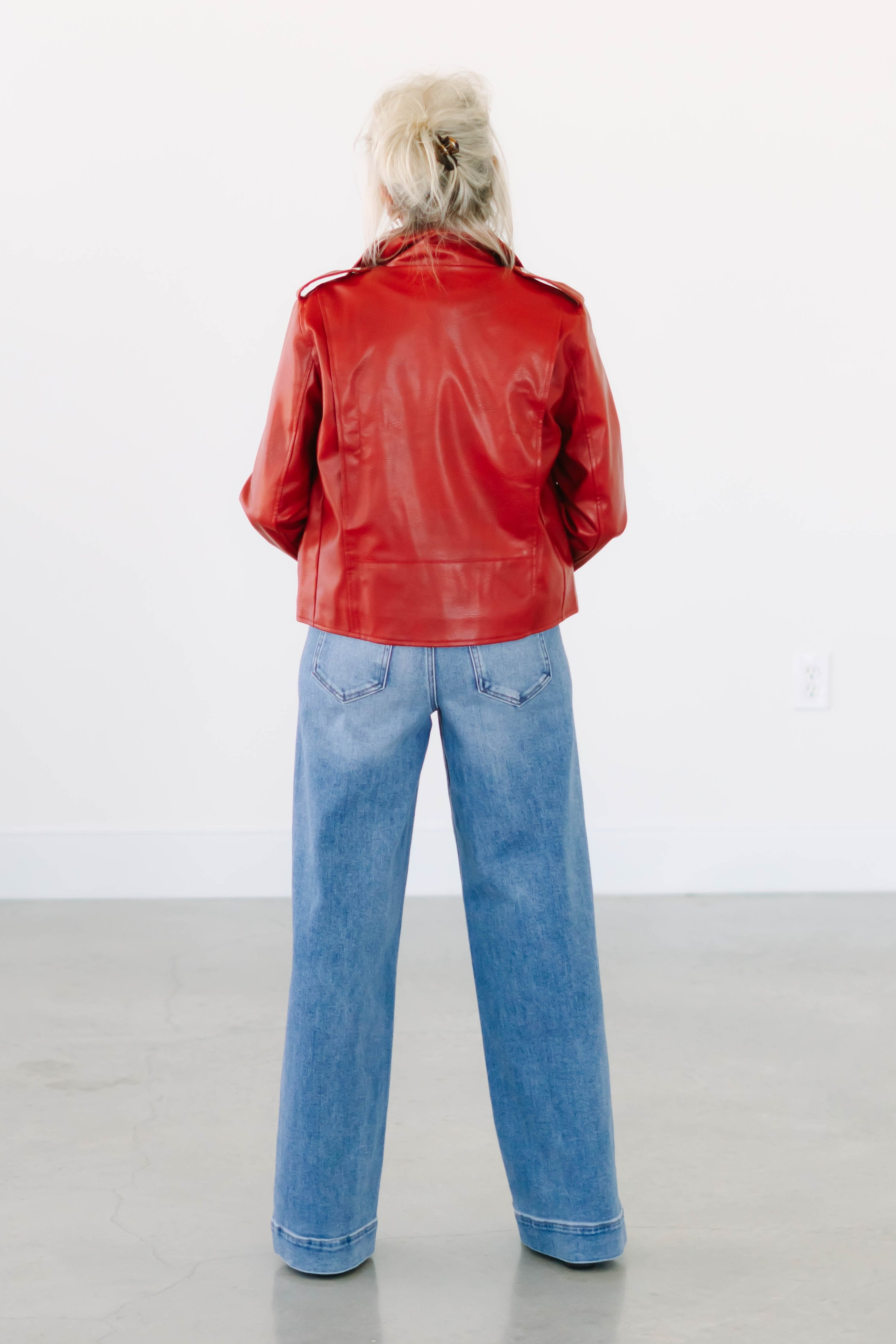 Collection of Red Leather Moto Jacket in a gallery layout