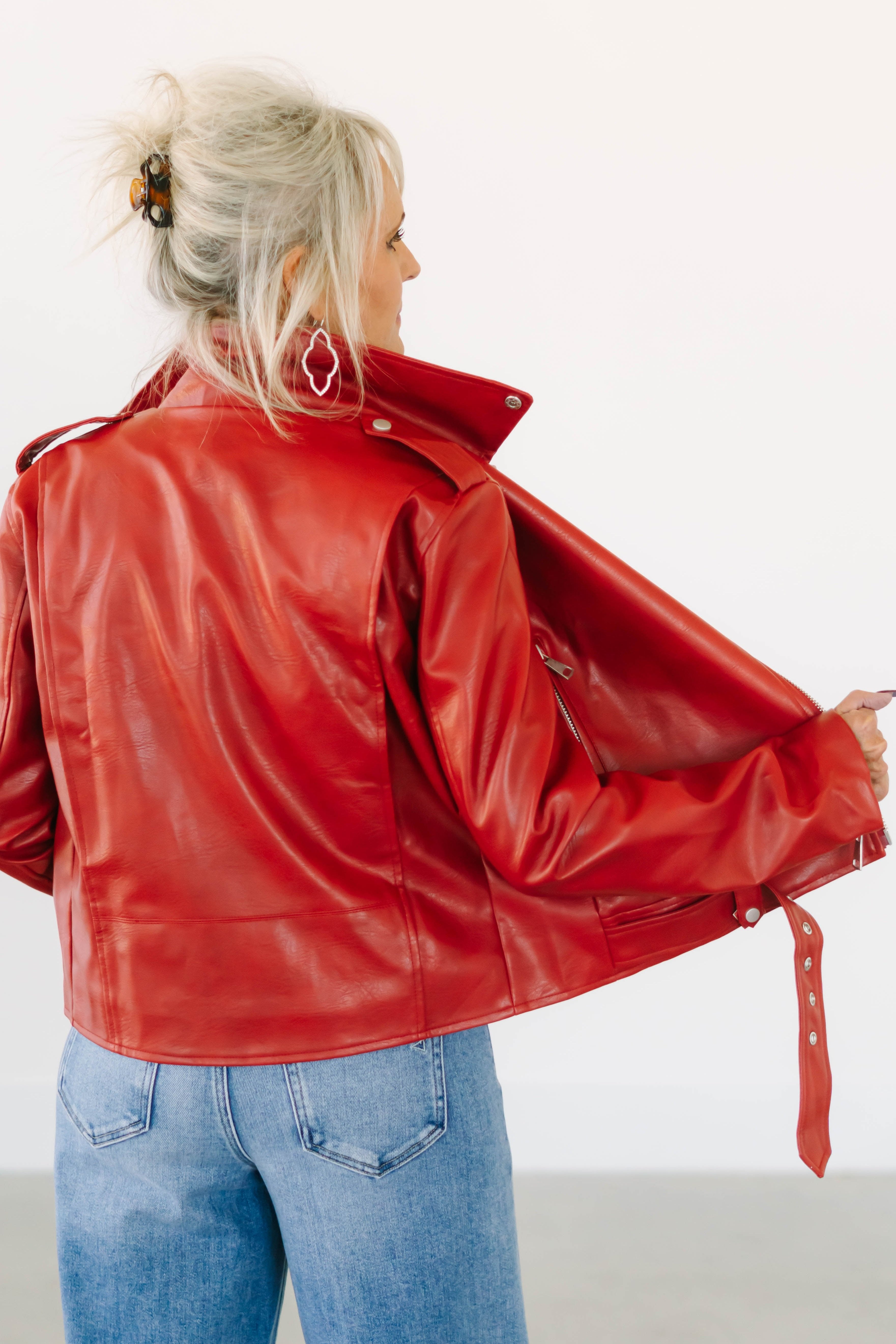 Collection of Red Leather Moto Jacket in a gallery layout