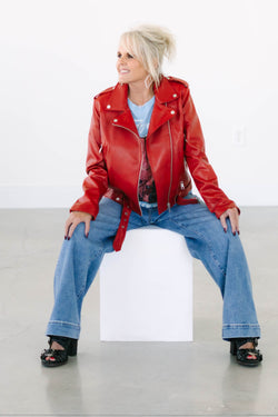 Collection of Red Leather Moto Jacket in a gallery layout