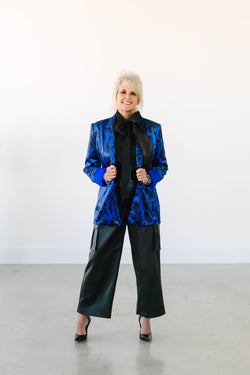 Collection of Cobalt Animal Print Velvet Blazer in a gallery layout