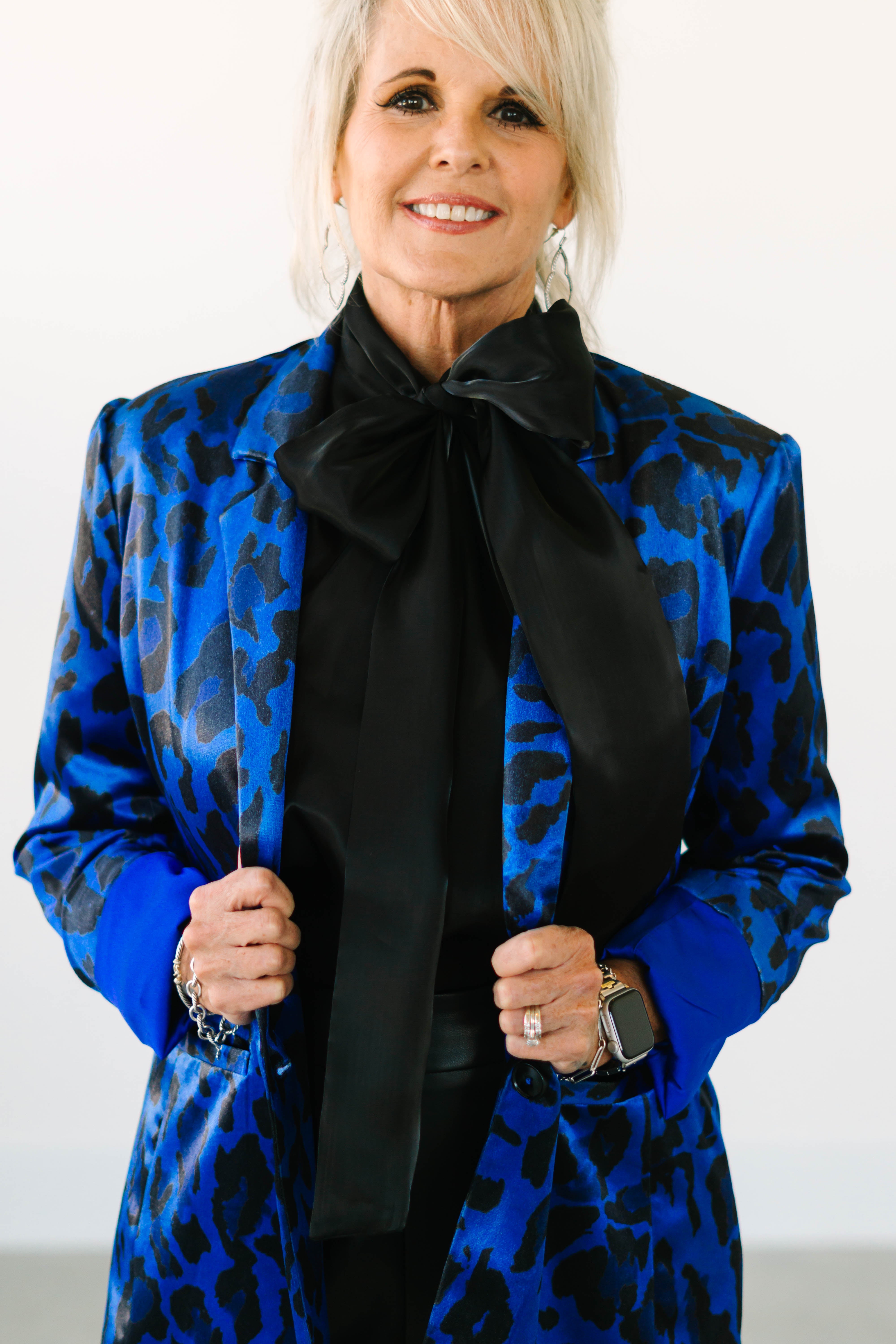 Collection of Cobalt Animal Print Velvet Blazer in a gallery layout