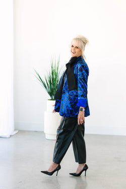 Collection of Cobalt Animal Print Velvet Blazer in a gallery layout