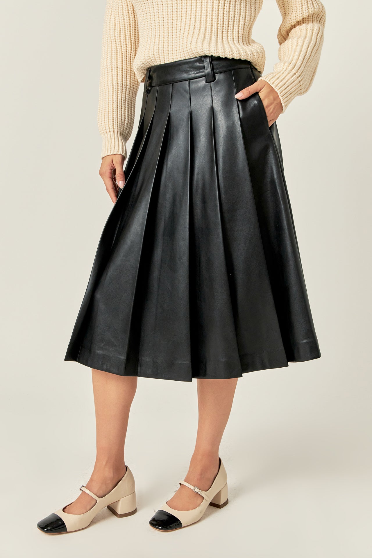 Collection of Pleated Leather Midi Skirt in a gallery layout