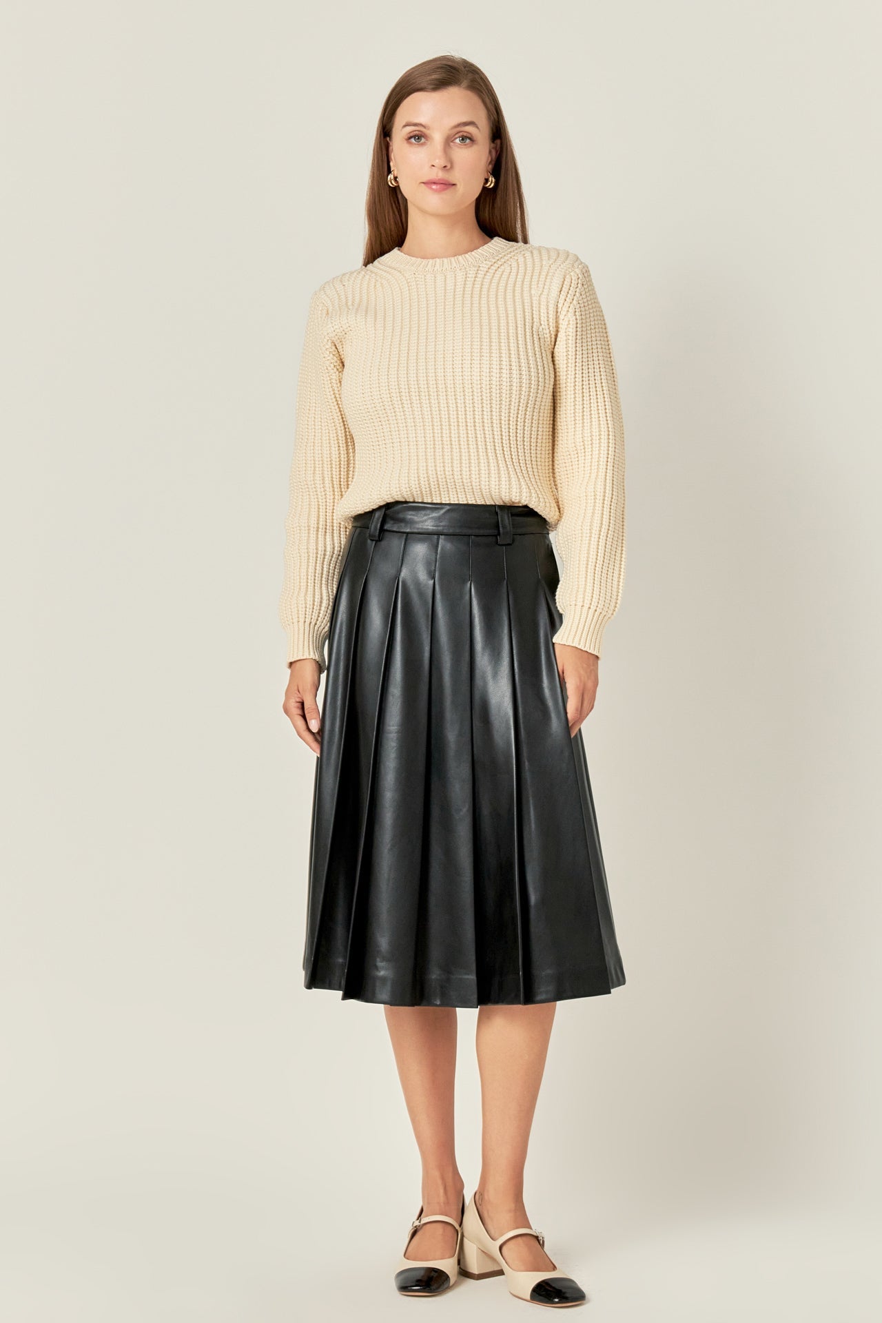 Collection of Pleated Leather Midi Skirt in a gallery layout