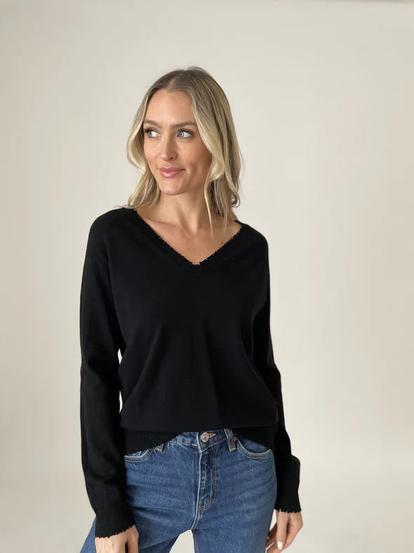 Andrea Distressed Hem V-Neck Sweater